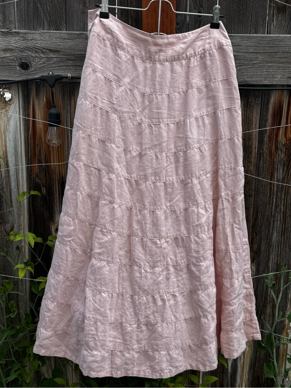 Old Navy 100% Linen Tiered A-Line Midi Skirt Size 8 Blush Pink Coastal Boho Zip⁠
